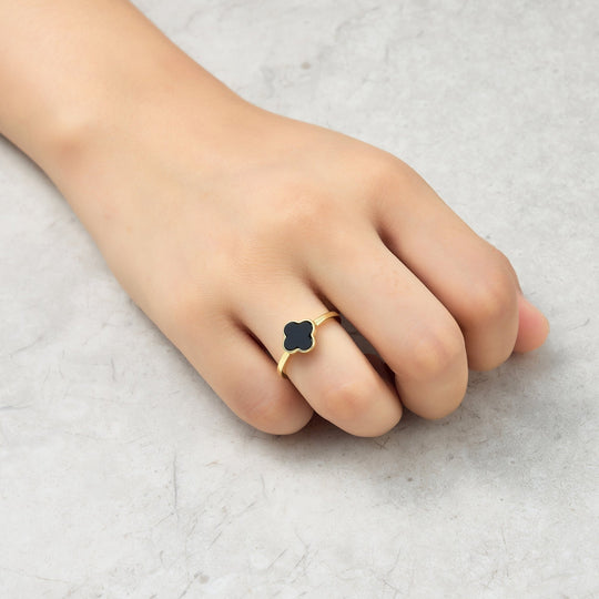 Gold Plated Black Onyx Gemstone Adjustable Clover Ring - Philip Jones Jewellery