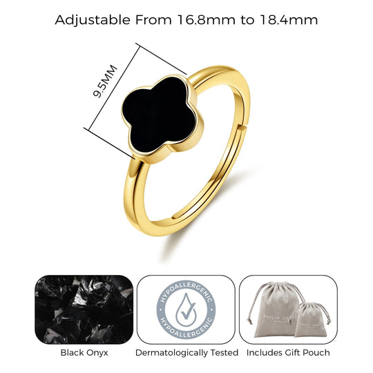 Gold Plated Black Onyx Gemstone Adjustable Clover Ring - Philip Jones Jewellery