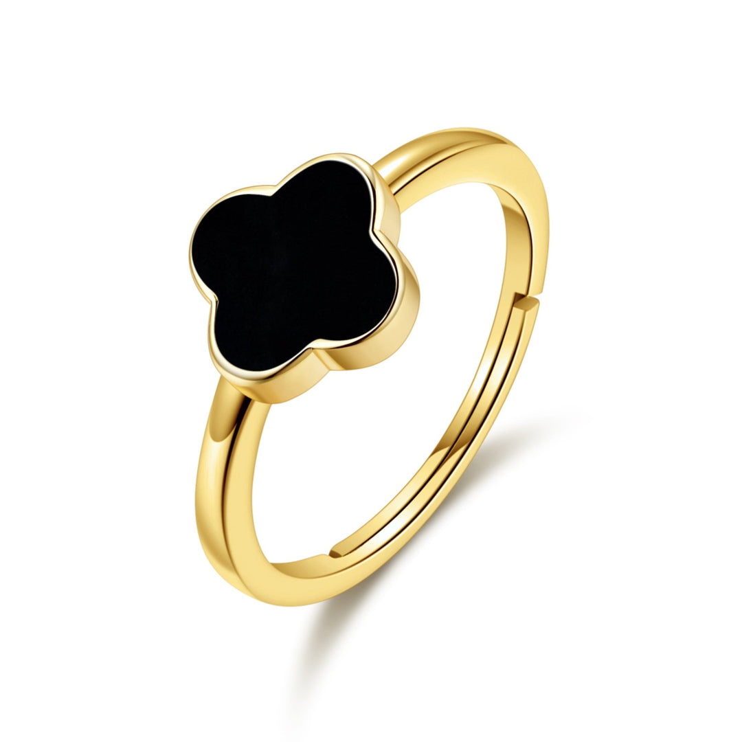 Gold Plated Black Onyx Gemstone Adjustable Clover Ring - Philip Jones Jewellery