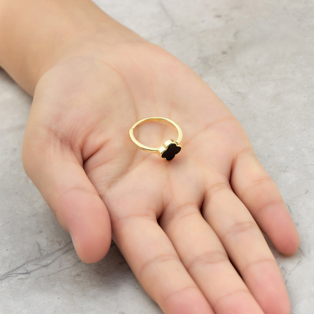 Gold Plated Black Onyx Gemstone Adjustable Clover Ring - Philip Jones Jewellery