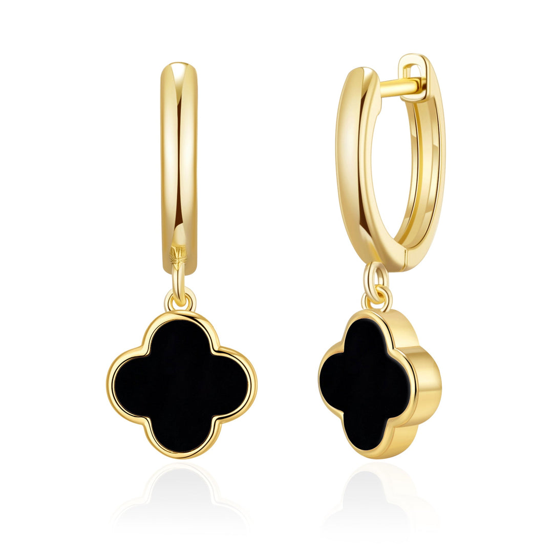 Gold Plated Black Onyx Gemstone Clover Charm Hoop Earrings - Philip Jones Jewellery