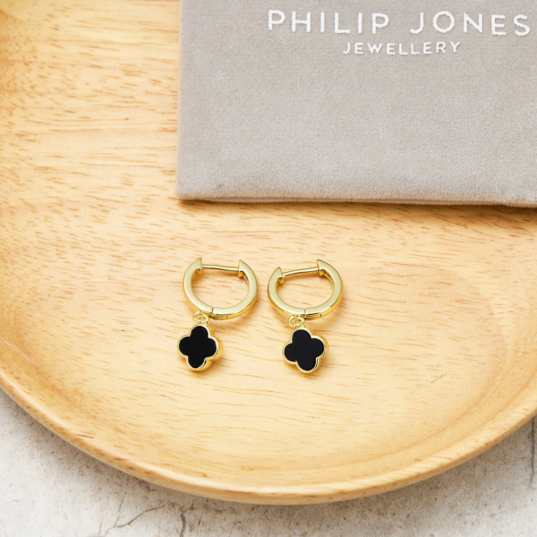 Gold Plated Black Onyx Gemstone Clover Charm Hoop Earrings - Philip Jones Jewellery