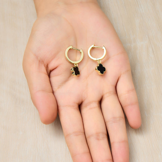 Gold Plated Black Onyx Gemstone Clover Charm Hoop Earrings - Philip Jones Jewellery