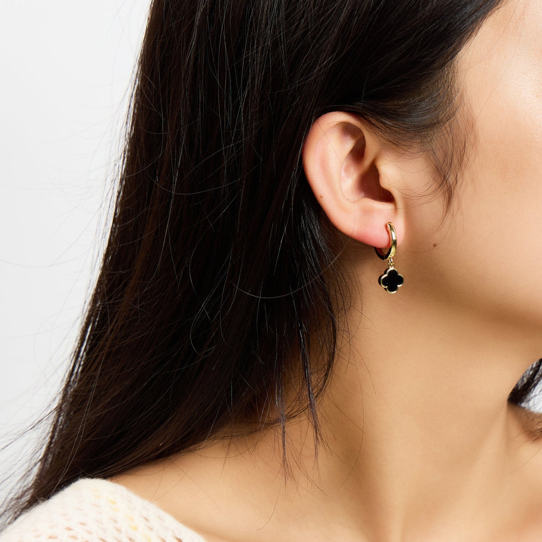 Gold Plated Black Onyx Gemstone Clover Charm Hoop Earrings - Philip Jones Jewellery