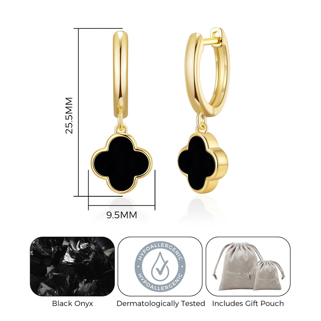 Gold Plated Black Onyx Gemstone Clover Charm Hoop Earrings - Philip Jones Jewellery