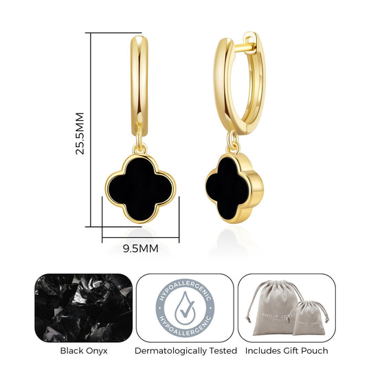 Gold Plated Black Onyx Gemstone Clover Charm Hoop Earrings - Philip Jones Jewellery