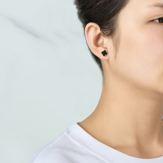 Gold Plated Black Onyx Gemstone Clover Earrings - Philip Jones Jewellery