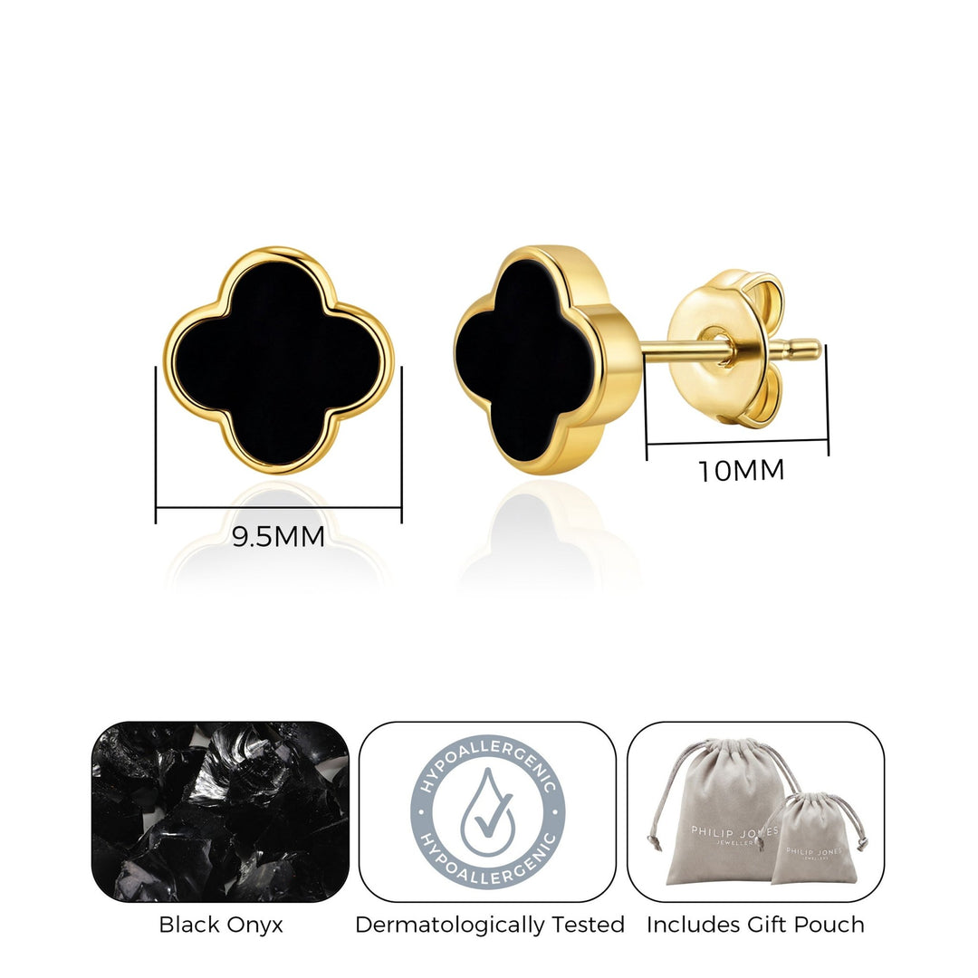 Gold Plated Black Onyx Gemstone Clover Earrings - Philip Jones Jewellery