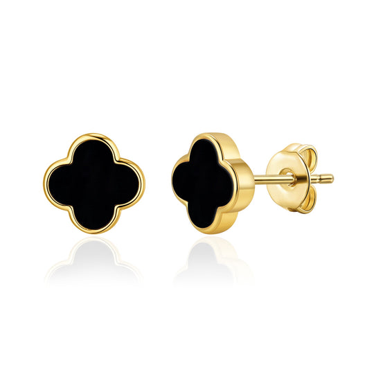 Gold Plated Black Onyx Gemstone Clover Earrings - Philip Jones Jewellery