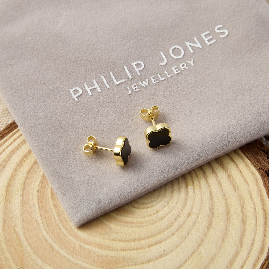 Gold Plated Black Onyx Gemstone Clover Earrings - Philip Jones Jewellery