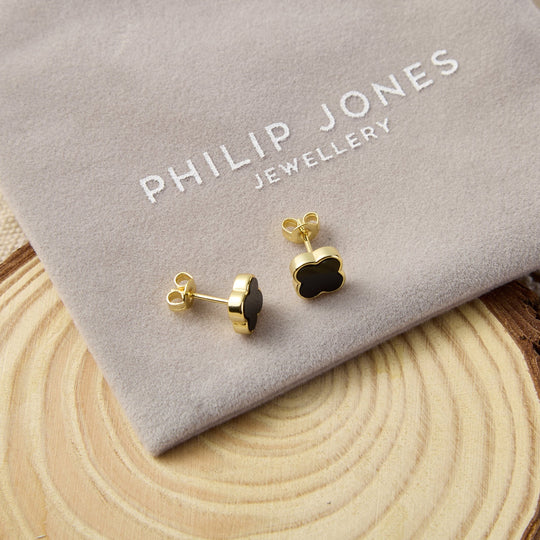 Gold Plated Black Onyx Gemstone Clover Earrings - Philip Jones Jewellery