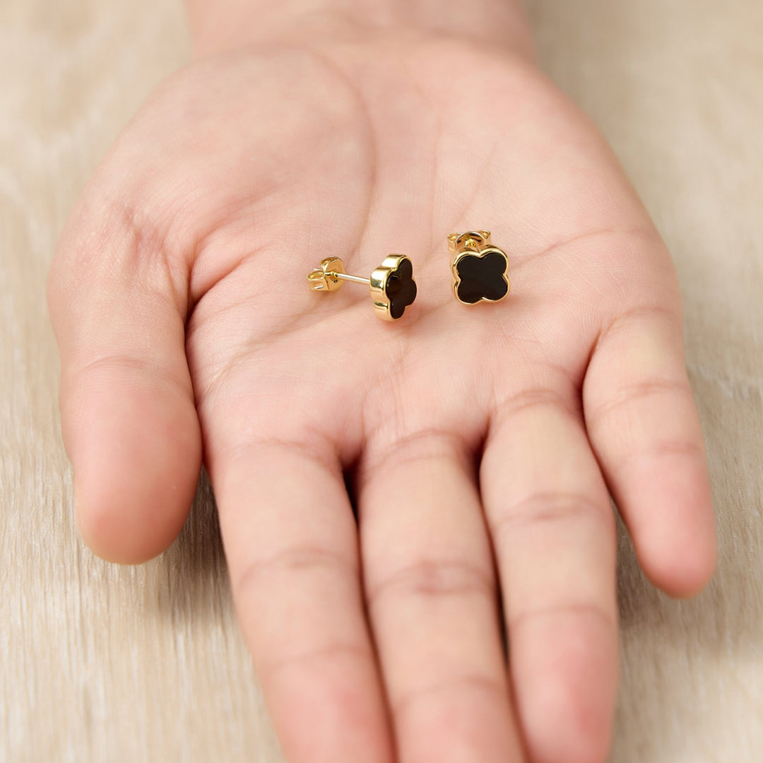 Gold Plated Black Onyx Gemstone Clover Earrings - Philip Jones Jewellery