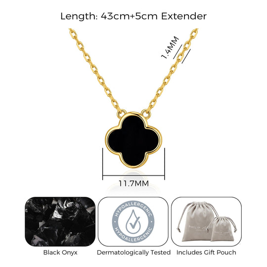 Gold Plated Black Onyx Gemstone Clover Necklace - Philip Jones Jewellery