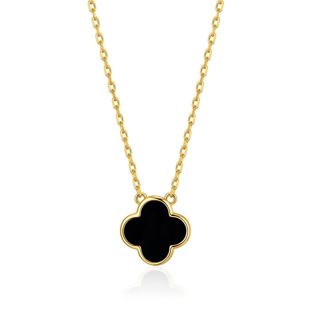 Gold Plated Black Onyx Gemstone Clover Necklace - Philip Jones Jewellery