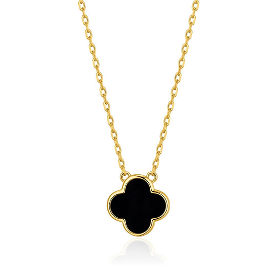 Gold Plated Black Onyx Gemstone Clover Necklace - Philip Jones Jewellery