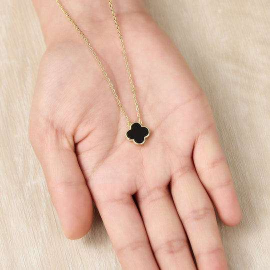 Gold Plated Black Onyx Gemstone Clover Necklace - Philip Jones Jewellery