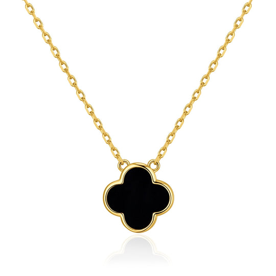 Gold Plated Black Onyx Gemstone Clover Necklace - Philip Jones Jewellery