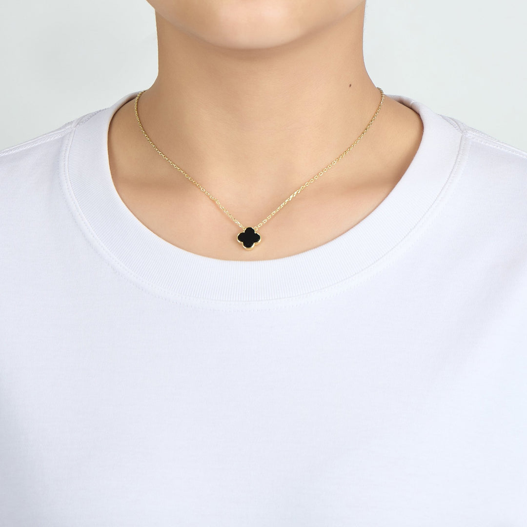 Gold Plated Black Onyx Gemstone Clover Necklace - Philip Jones Jewellery