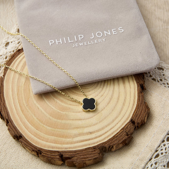 Gold Plated Black Onyx Gemstone Clover Necklace - Philip Jones Jewellery