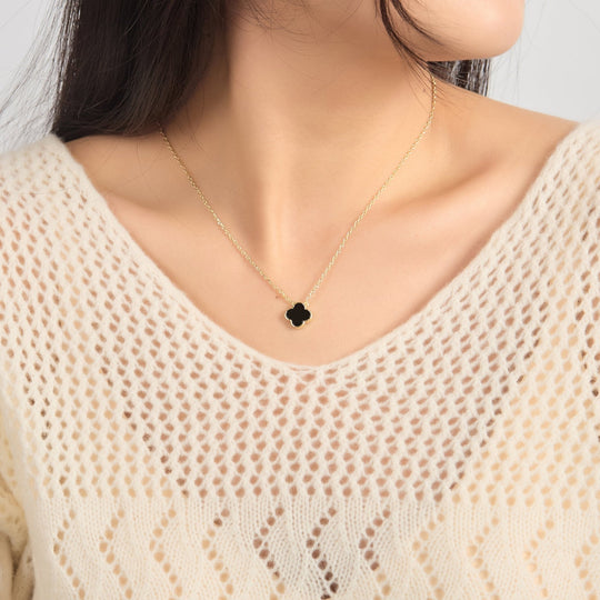 Gold Plated Black Onyx Gemstone Clover Necklace - Philip Jones Jewellery