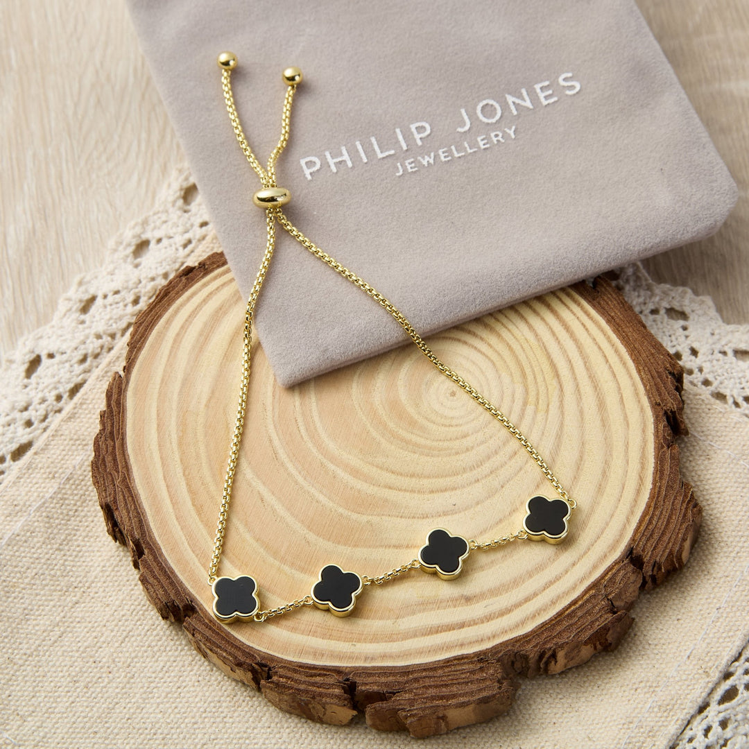 Gold Plated Black Onyx Multi Clover Friendship Bracelet - Philip Jones Jewellery