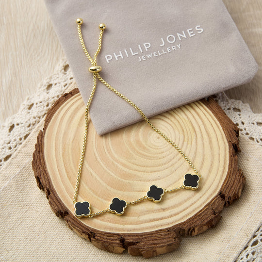 Gold Plated Black Onyx Multi Clover Friendship Bracelet - Philip Jones Jewellery