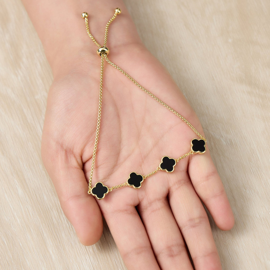 Gold Plated Black Onyx Multi Clover Friendship Bracelet - Philip Jones Jewellery