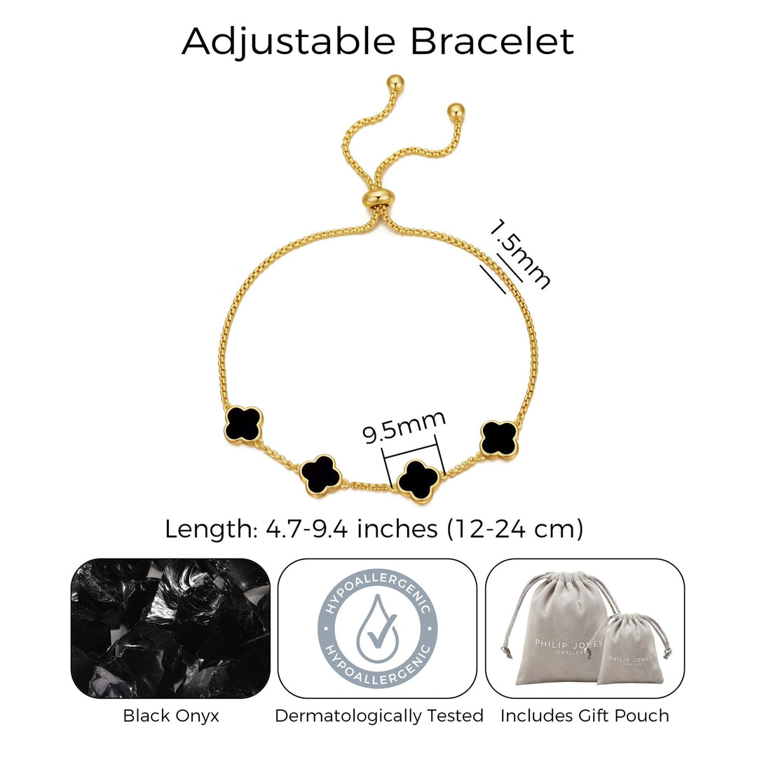 Gold Plated Black Onyx Multi Clover Friendship Bracelet - Philip Jones Jewellery