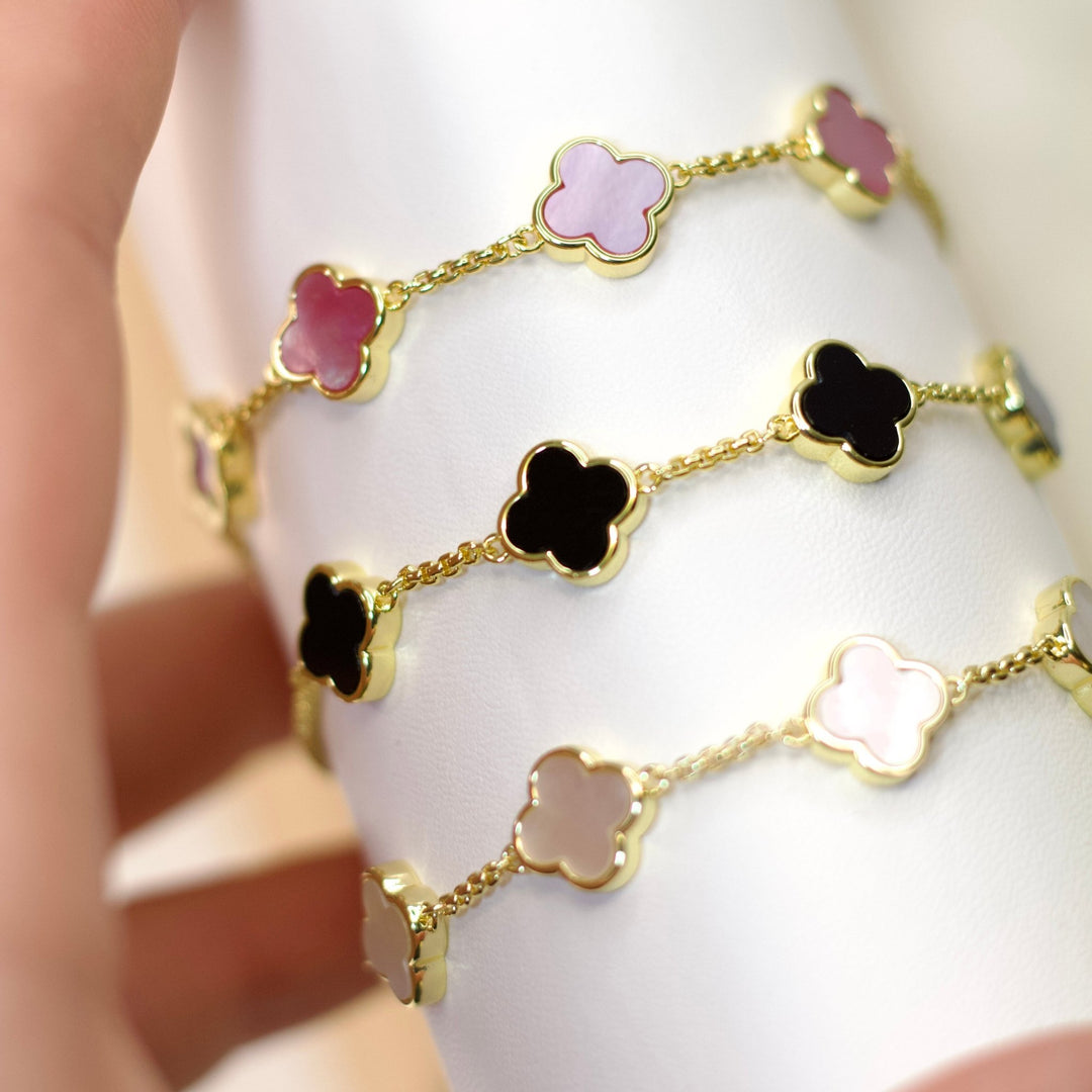 Gold Plated Black Onyx Multi Clover Friendship Bracelet - Philip Jones Jewellery
