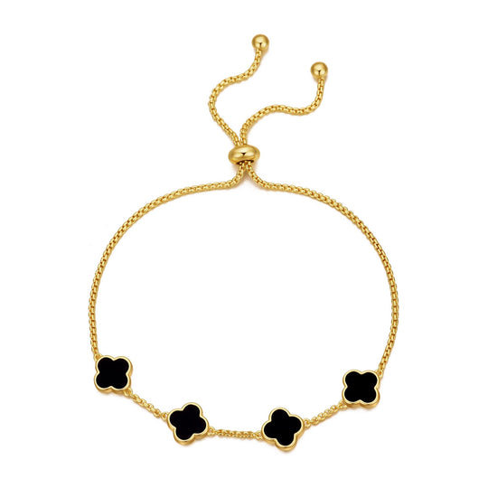 Gold Plated Black Onyx Multi Clover Friendship Bracelet - Philip Jones Jewellery