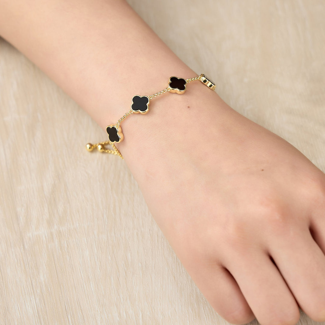Gold Plated Black Onyx Multi Clover Friendship Bracelet - Philip Jones Jewellery