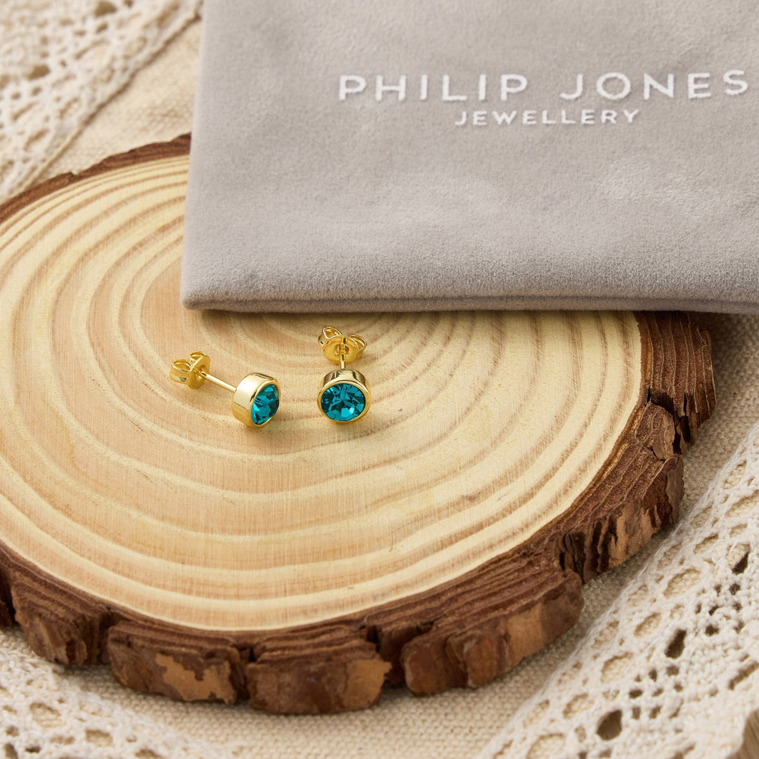 Gold Plated Blue Stud Earrings Created with Zircondia® Crystals - Philip Jones Jewellery