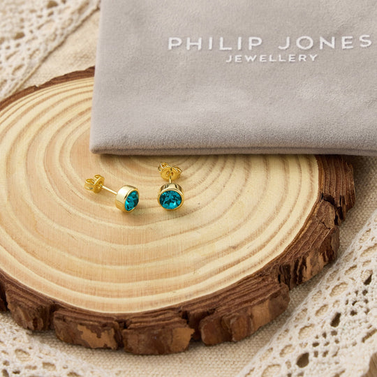 Gold Plated Blue Stud Earrings Created with Zircondia® Crystals - Philip Jones Jewellery