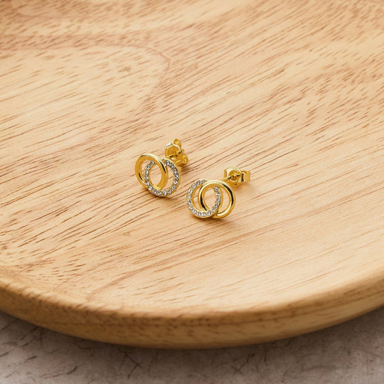 Gold Plated Circle Link Earrings Created with Zircondia® Crystals - Philip Jones Jewellery