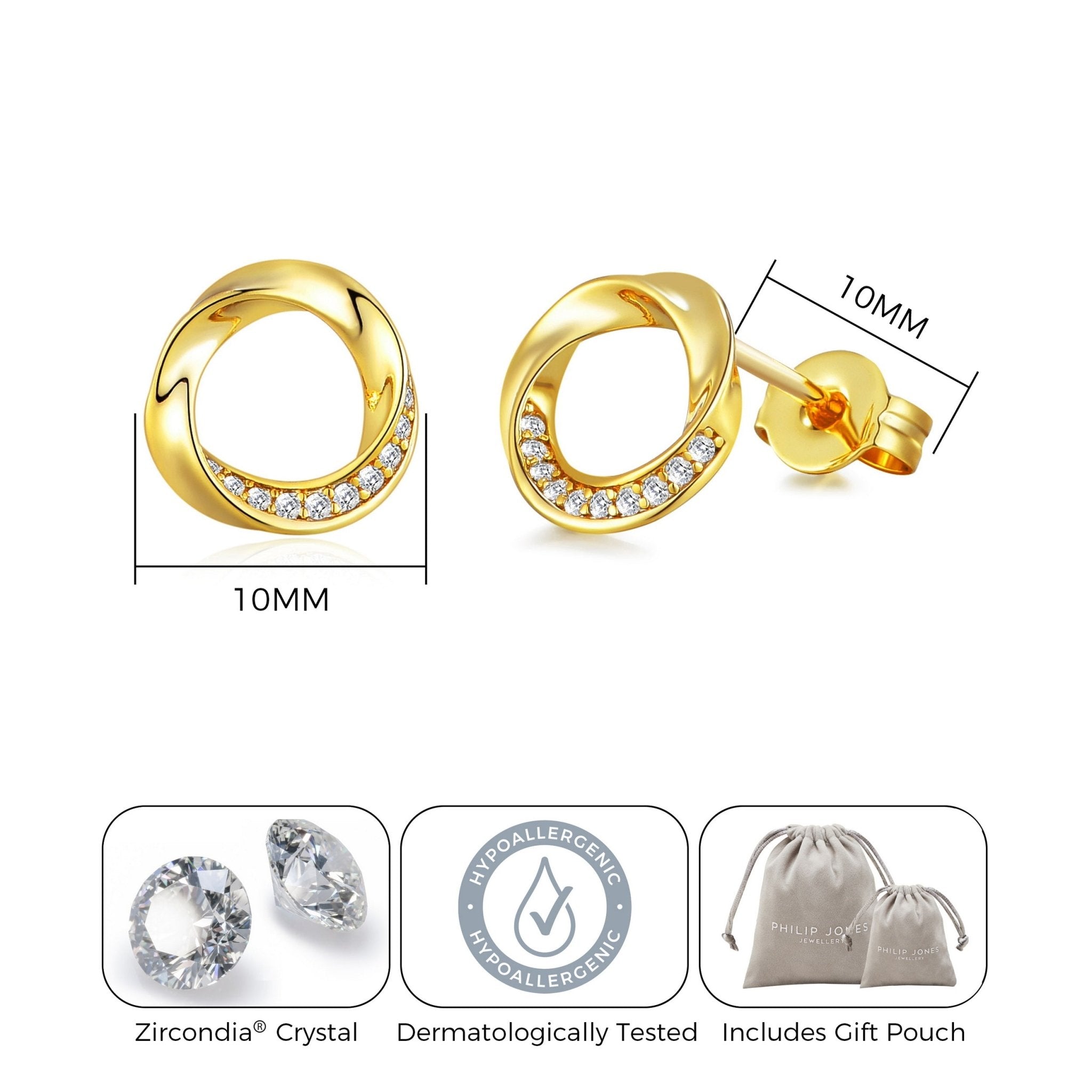 Gold Plated Circle Twist Earrings Created with Zircondia® Crystals - Philip Jones Jewellery