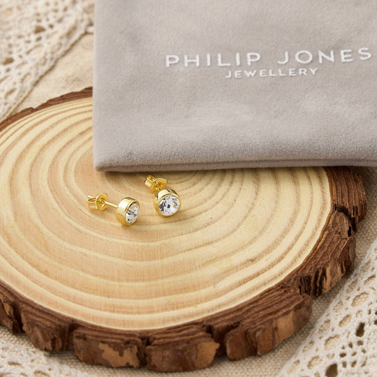 Gold Plated Clear Crystal Earrings Created with Zircondia® Crystals - Philip Jones Jewellery
