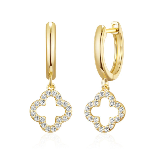 Gold Plated Clover Charm Hoop Earrings Created with Zircondia® Crystals - Philip Jones Jewellery