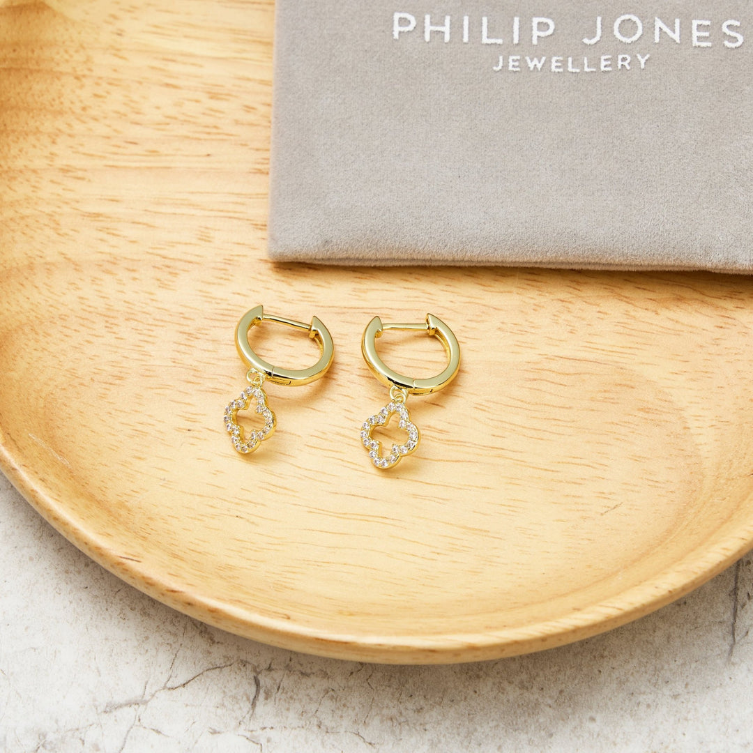 Gold Plated Clover Charm Hoop Earrings Created with Zircondia® Crystals - Philip Jones Jewellery
