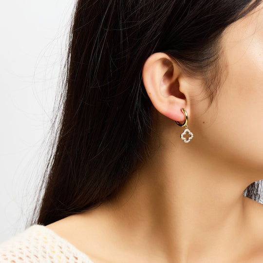 Gold Plated Clover Charm Hoop Earrings Created with Zircondia® Crystals - Philip Jones Jewellery