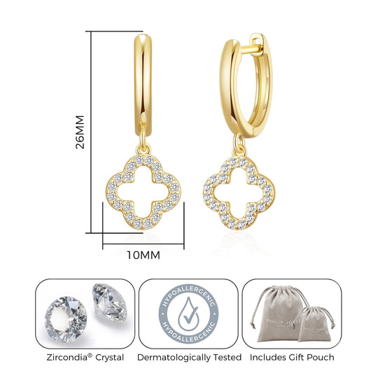 Gold Plated Clover Charm Hoop Earrings Created with Zircondia® Crystals - Philip Jones Jewellery