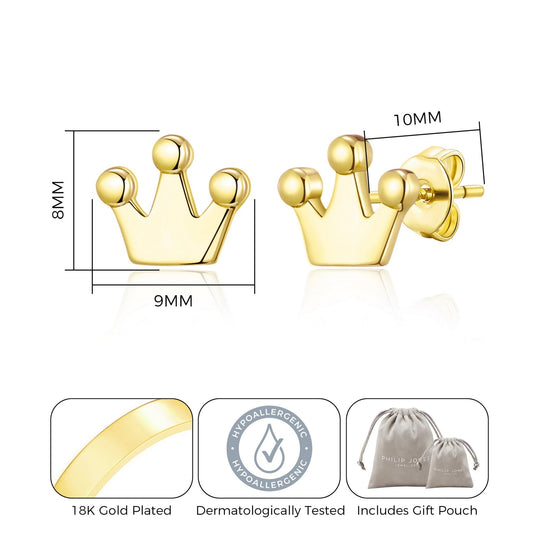 Gold Plated Crown Stud Earrings - Philip Jones Jewellery