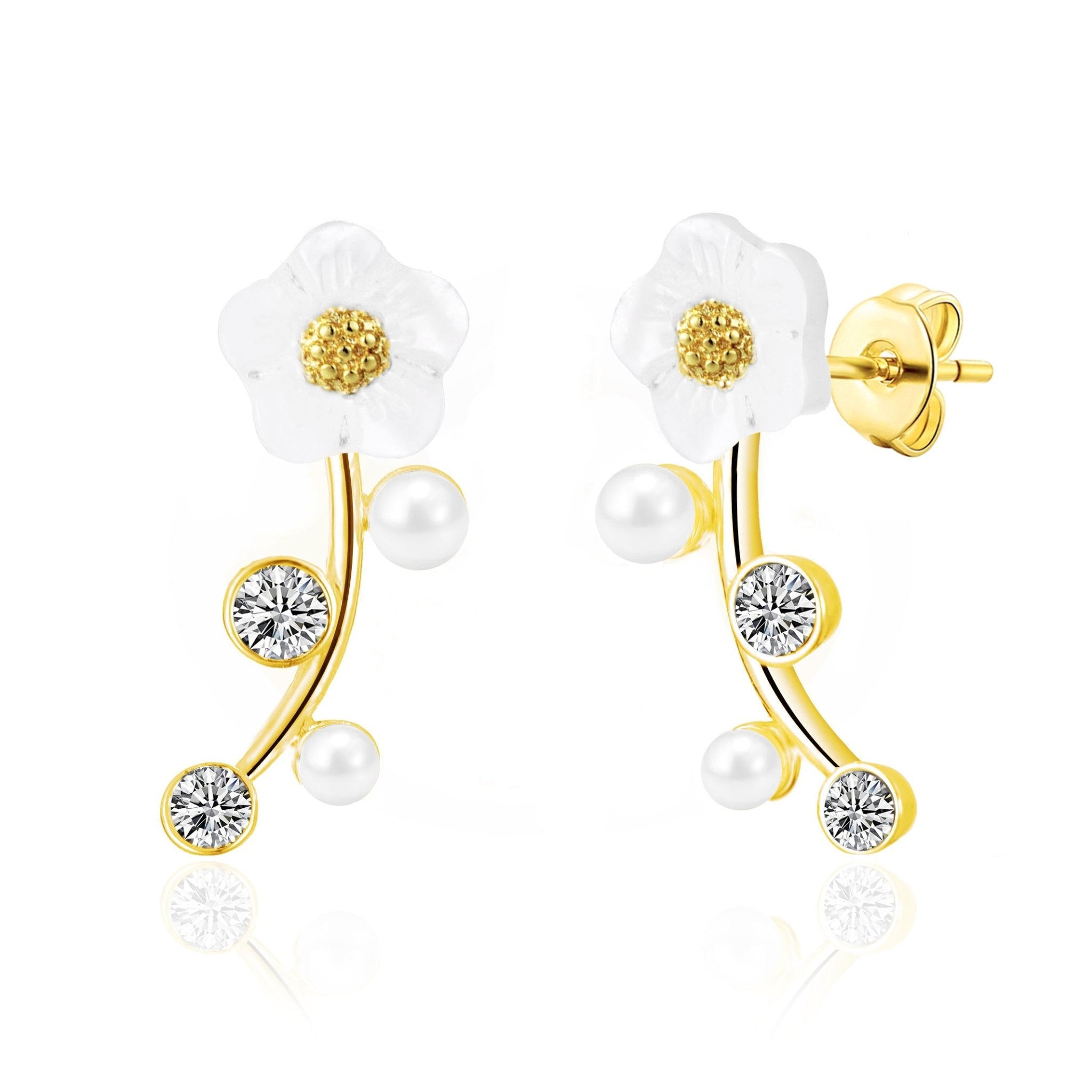 Gold Plated Daisy Climber Earrings Created with Zircondia® Crystals - Philip Jones Jewellery