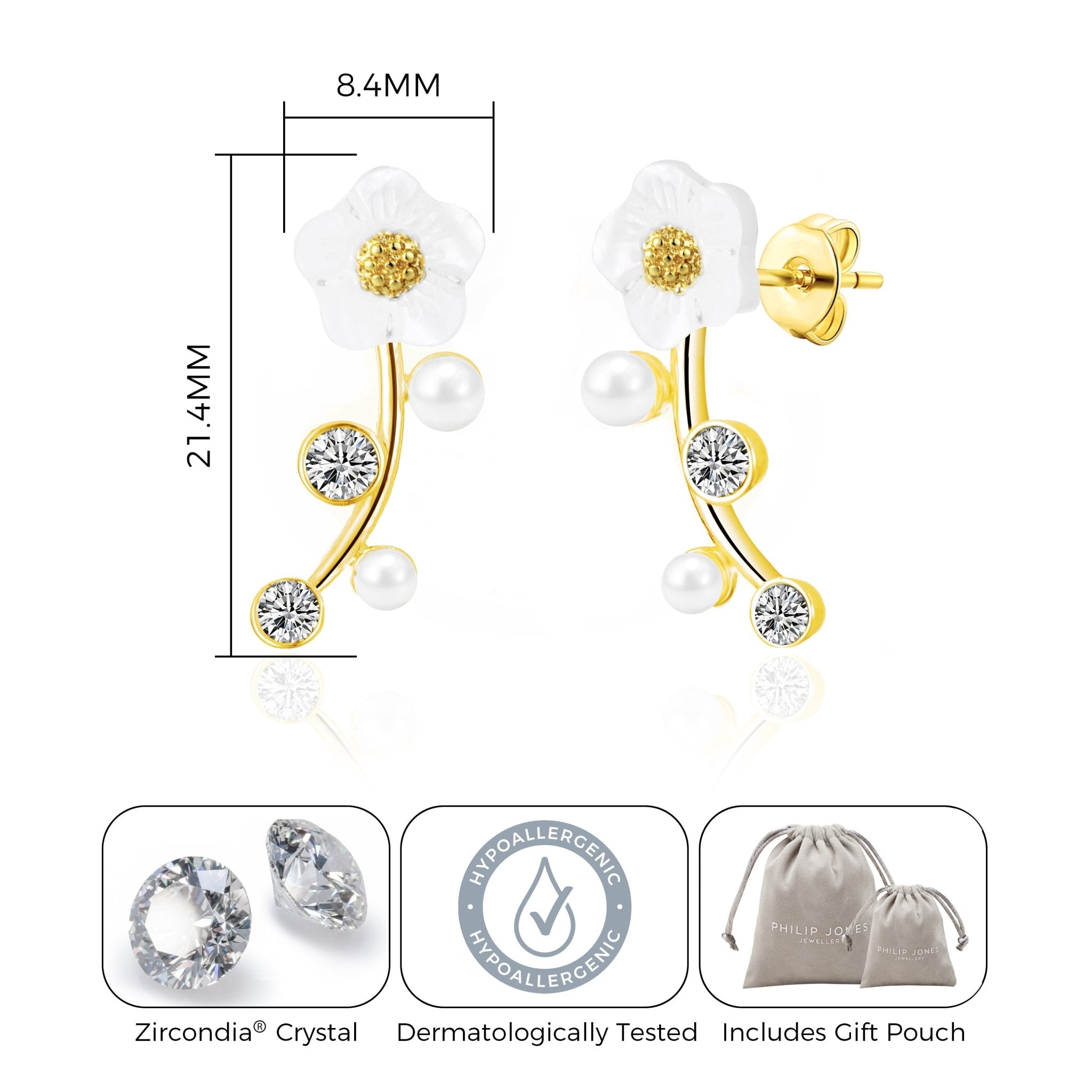 Gold Plated Daisy Climber Earrings Created with Zircondia® Crystals - Philip Jones Jewellery