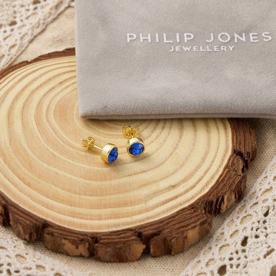 Gold Plated Dark Blue Stud Earrings Created with Zircondia® Crystals - Philip Jones Jewellery