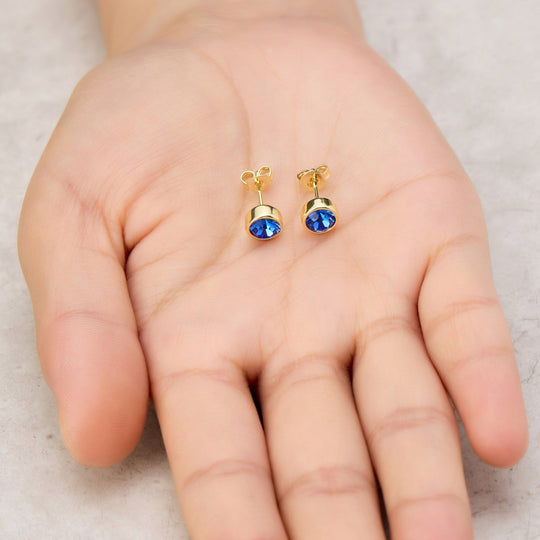 Gold Plated Dark Blue Stud Earrings Created with Zircondia® Crystals - Philip Jones Jewellery