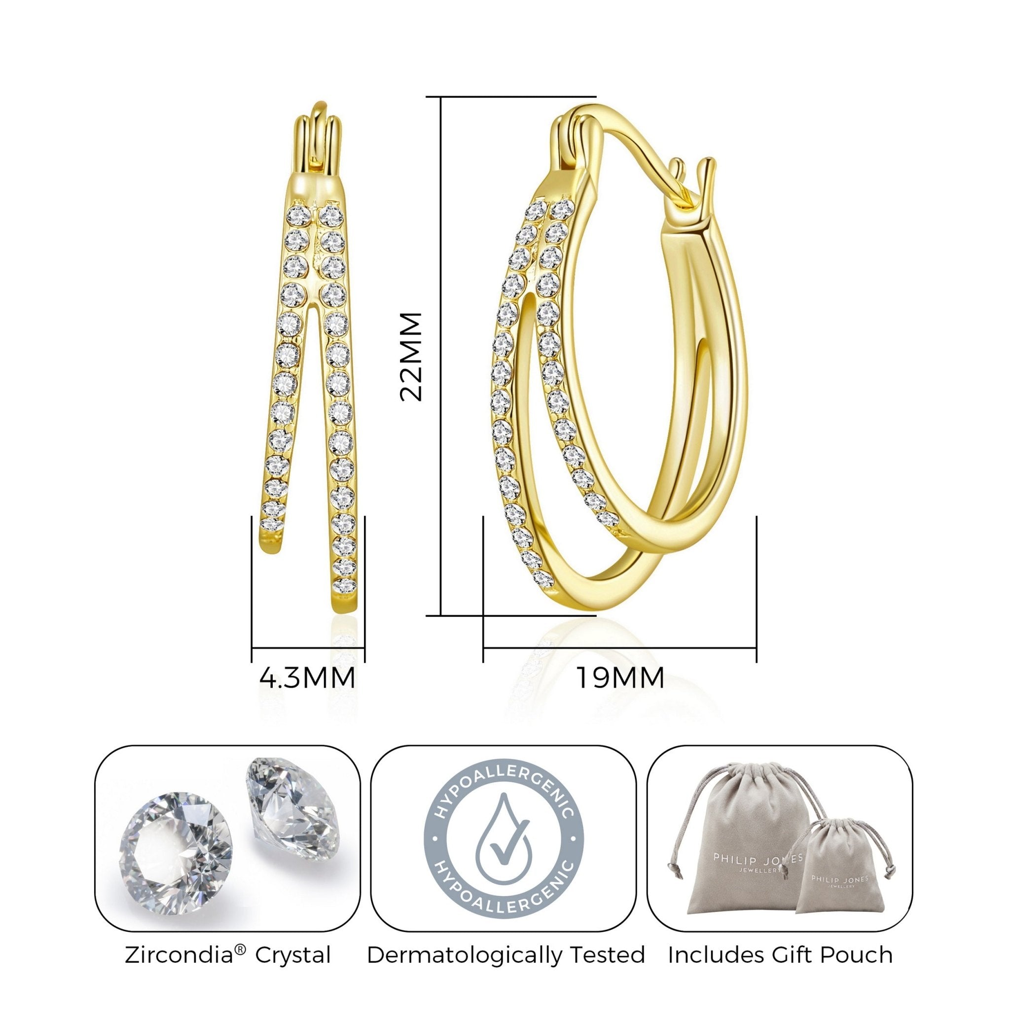 Gold Plated Double Hoop Earrings Created with Zircondia® Crystals - Philip Jones Jewellery