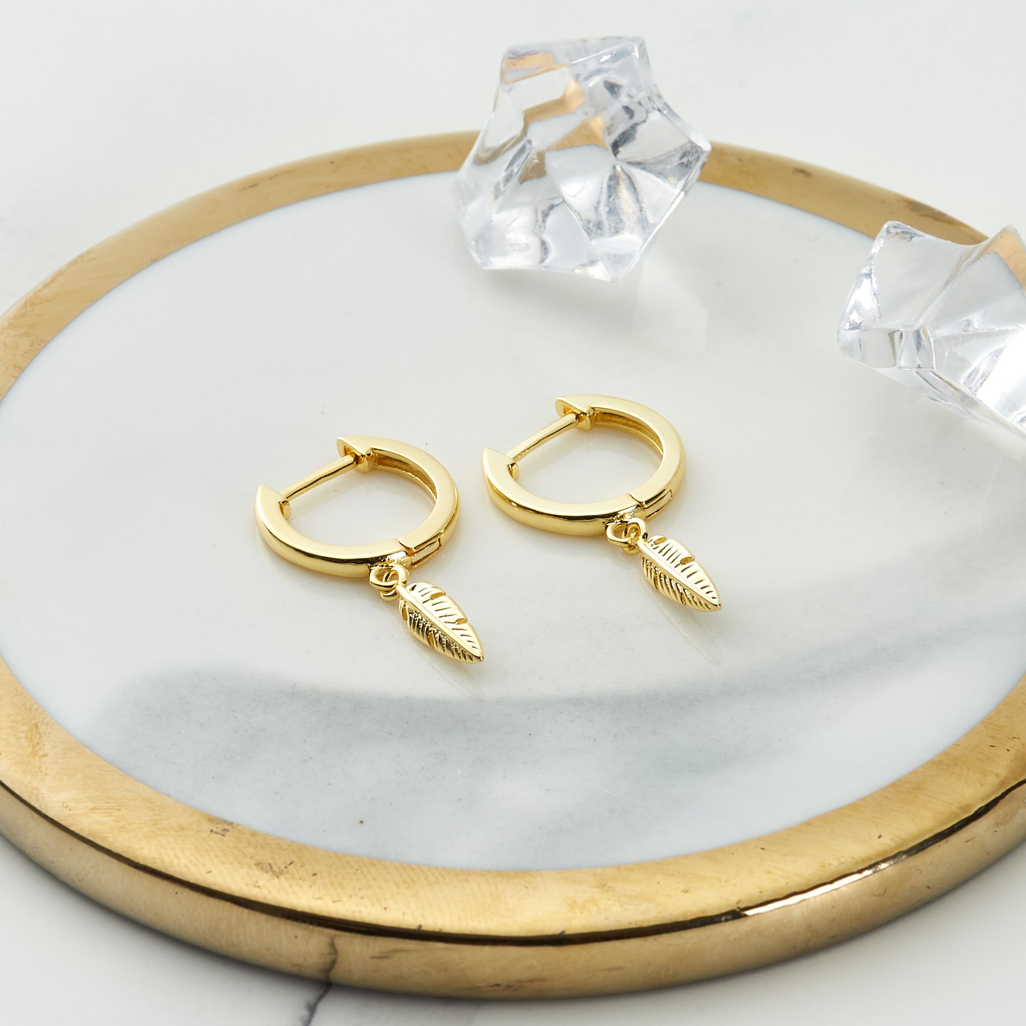 Gold Plated Feather Charm Hoop Earrings - Philip Jones Jewellery