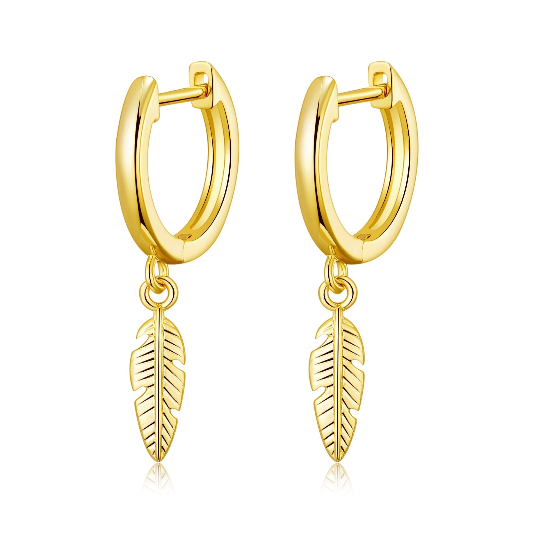 Gold Plated Feather Charm Hoop Earrings - Philip Jones Jewellery