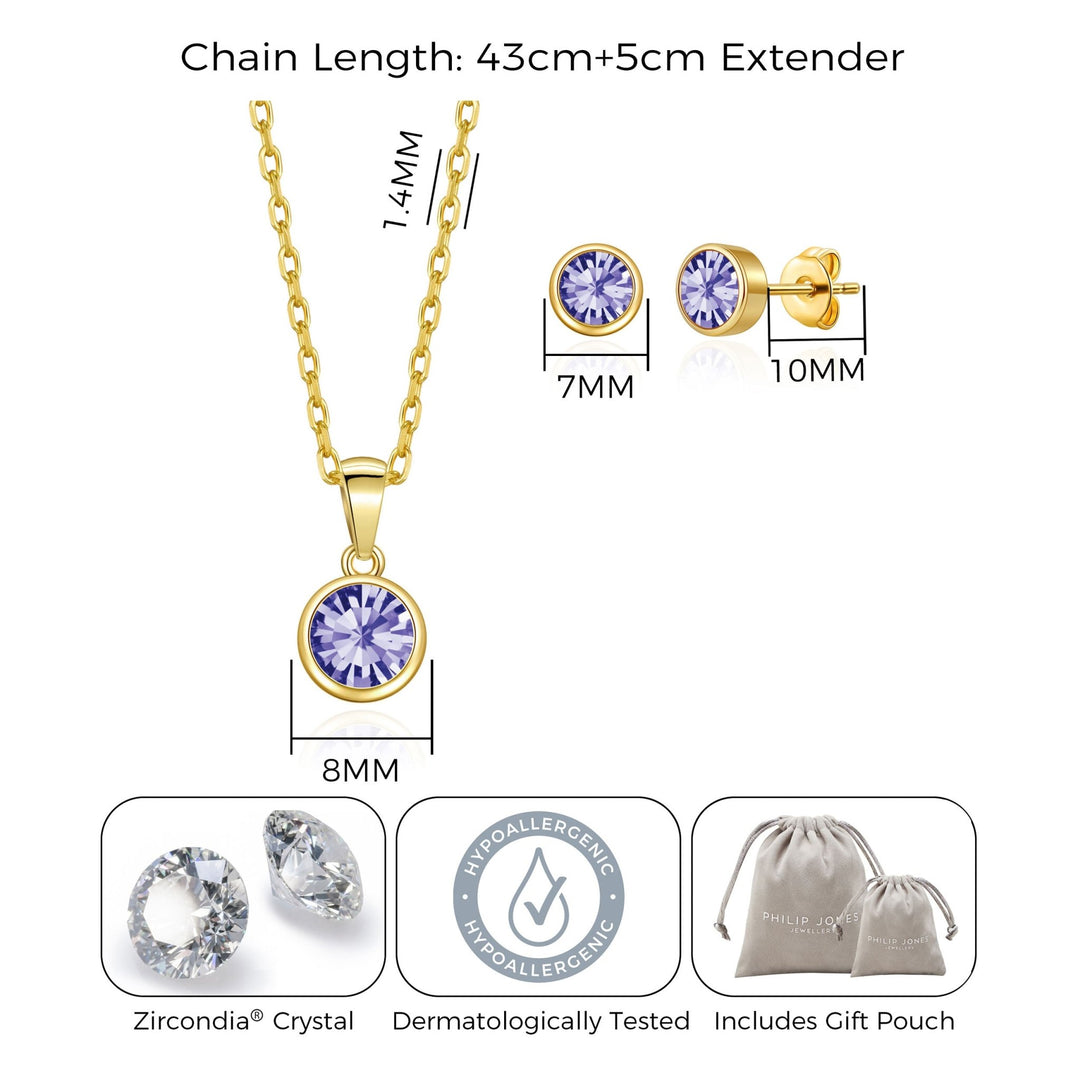 Gold Plated February (Amethyst) Birthstone Necklace & Earrings Set Created with Zircondia® Crystals - Philip Jones Jewellery