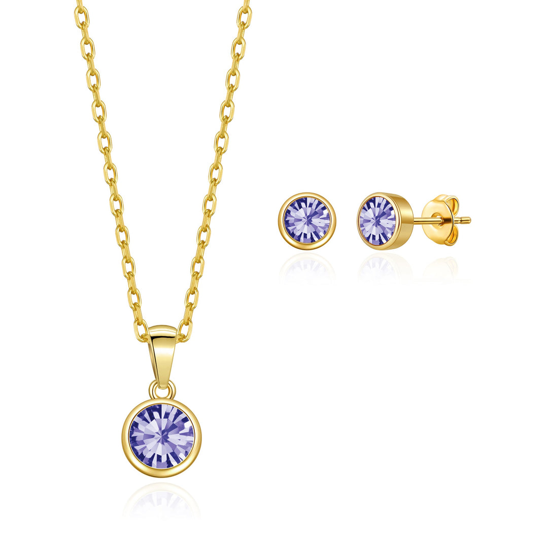 Gold Plated February (Amethyst) Birthstone Necklace & Earrings Set Created with Zircondia® Crystals - Philip Jones Jewellery